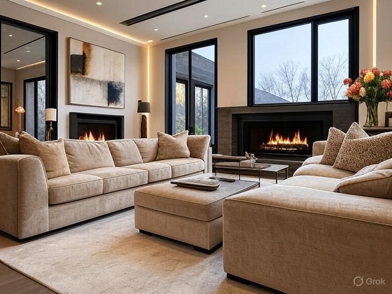 Cozy living room with gray sofa and wood table